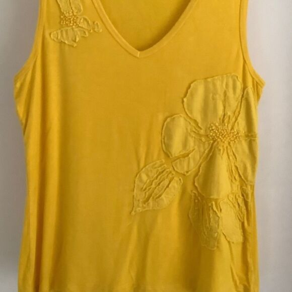 CABLE&GAUGE YELLOW EMBROIDERED FLORAL APPLIQUÉ V-NECK SLEEVELESS WOMAN TOP XL - Picture 5 of 6